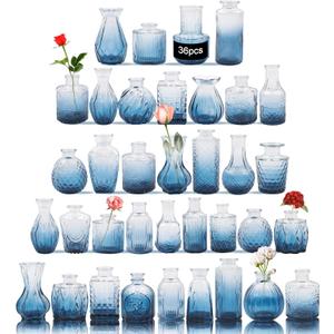 Glass Bud Vases Set of 36PCS, Small Flower Vases for Wedding Centerpiece Table Decoration, Vintage Vase in Bulk for Flower Arrangements, Mini Vase for Birthday Party, Festival Home Decor, Blue