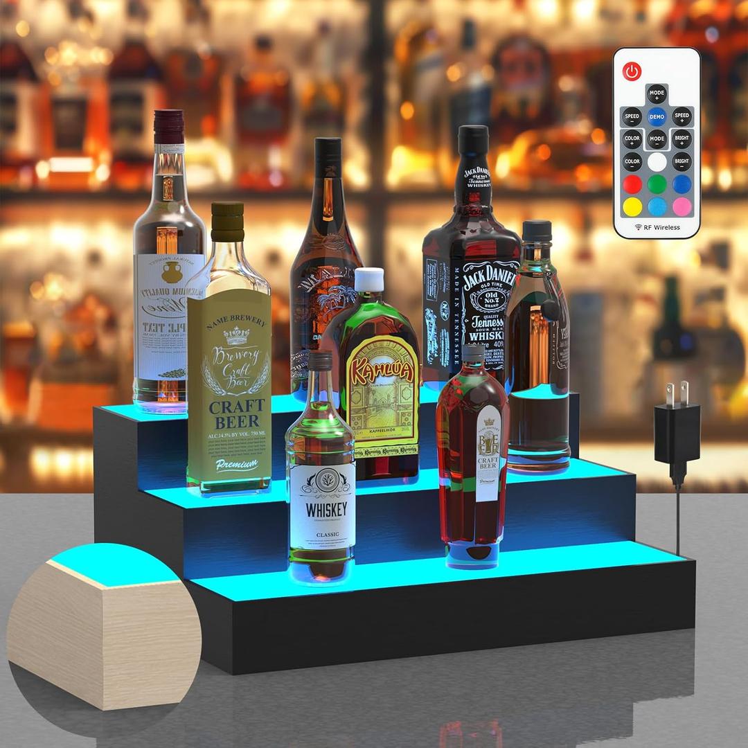 upcessory LED Lighted Liquor Bottle Display Shelf, 3 Tier 16 Inch Alcohol Whiskey Wood Rack Stand Tray for Home Bar Living Room Accessories and Decor, Bourbon Shelf for 12 Bottles