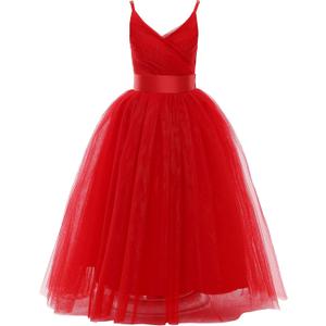 Glamulice Flower Girls Spaghetti Strap Tulle Dress Long A Line Wedding Pageant Dresses Princess Birthday Party Ball Gown (4T, V-neck & Classic Red)