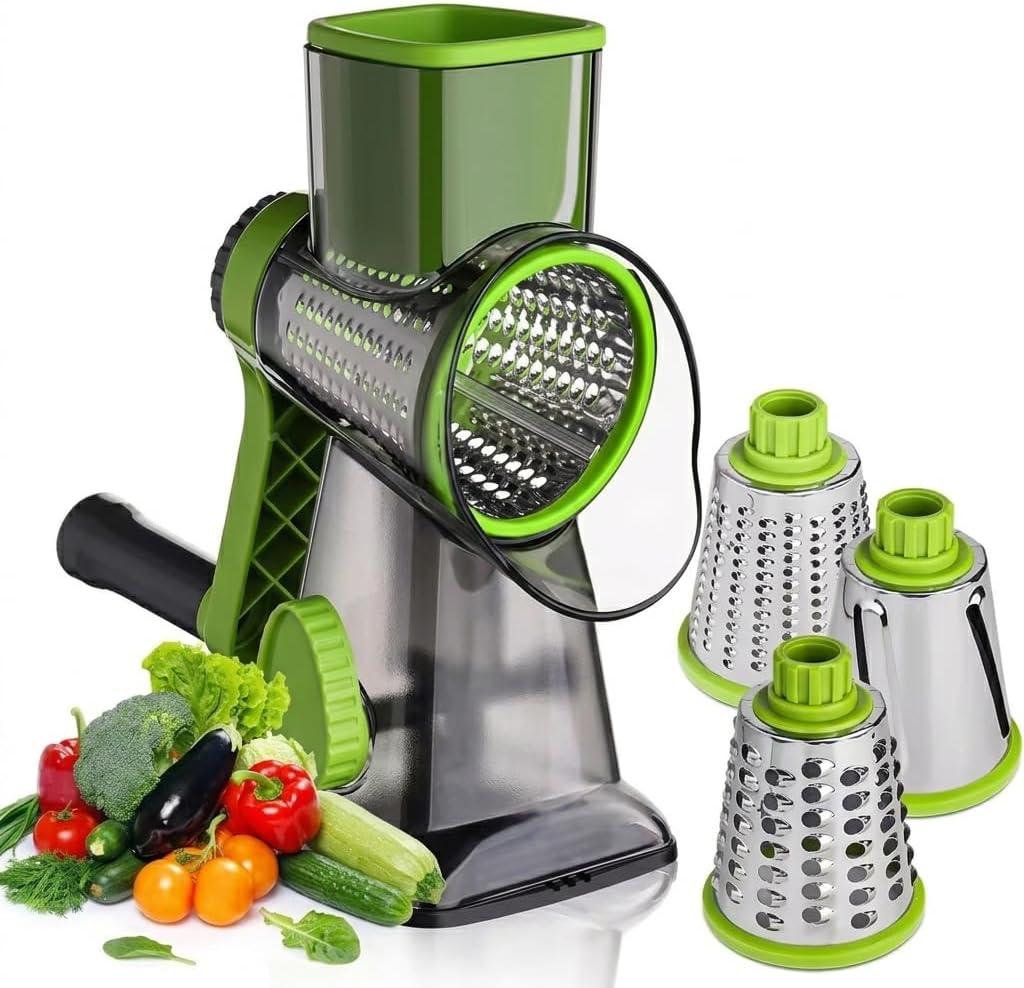Rotary Cheese Grater with 3 Stainless Steel Blades – Manual Cheese, Vegetable, Nuts Slicer & Shredder with Strong Suction Base, Round mandoline slicer & Food Chopper - Hand Crank Grater with Handle