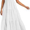 OYOANGLE Women's V Neck Tie Backless Halter Dress Ruched Flowy Wedding Vacation Maxi Dresses (White), Small