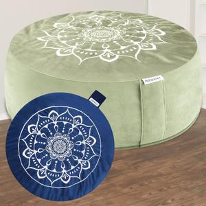 Hihealer Meditation Cushion, Traditional Tibetan Meditation Pillow Velvet Cover - Large Floor Cushion Seating for Adults - Yoga Buckwheat Bolster for WomenMoms (Serenity Navy & Green)