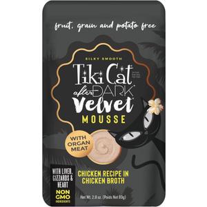 Tiki Cat After Dark, Velvet Mousse, Chicken Recipe in Chicken Broth, Grain & Potato Free Formula, with High Protein & Nutrient Dense Blended Irresistible Organ Meat, 2.8 oz. Pouch (12 Count)