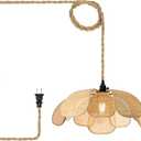 Boho 20 Inch Plug in Chandeliers Rattan Hanging Lights Flower Pendant Light with On/Off Switch 15ft Hemp Rope Cord Handwoven Lampshade Bedroom Flower Hanging Lamp Fixture