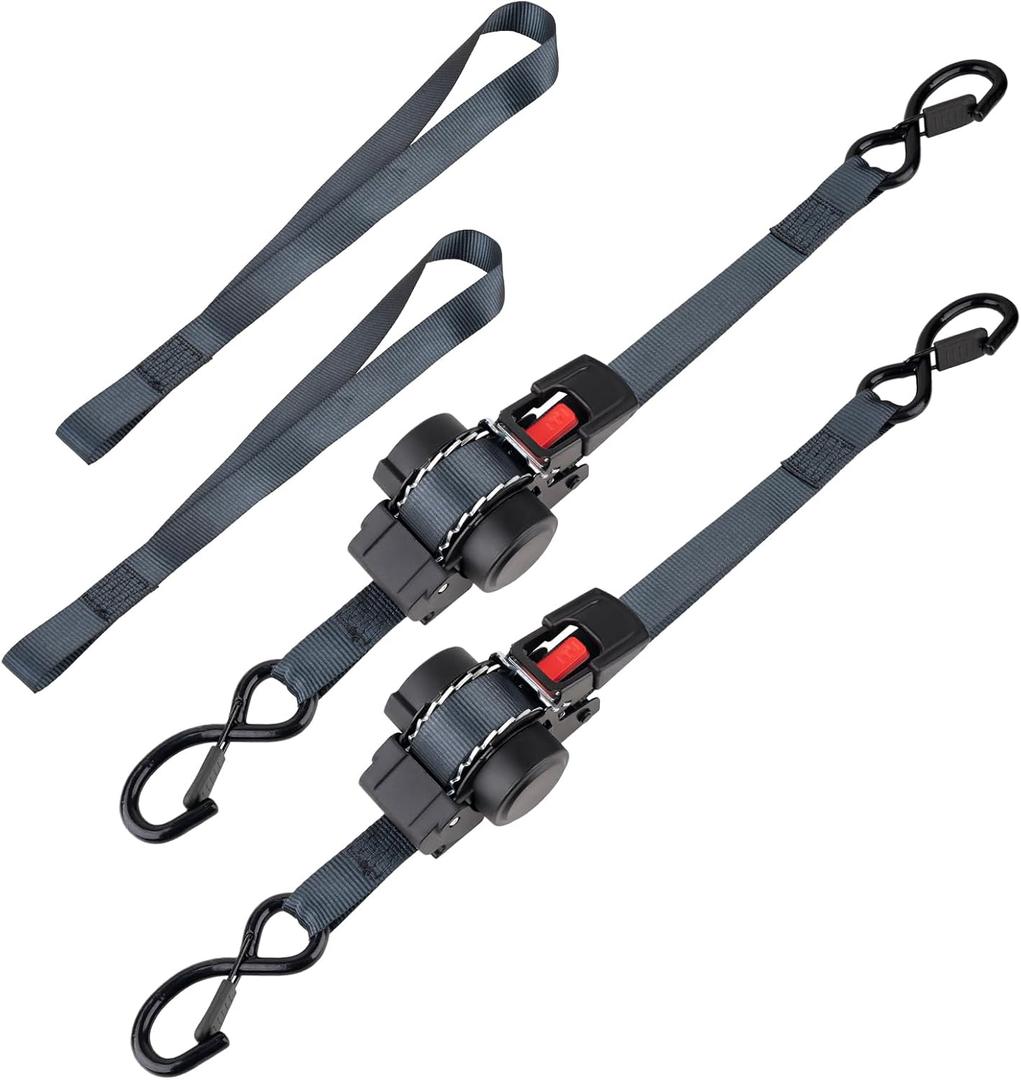 2PCS Self-Retracting Ratchet Tie Down - 1 Inch x 10 FT, Ratcheting Straps with Auto Rewind, 1200 lb Break Strength, No Loose Ends for Motorcycle, Cargo, Truck, Trailer