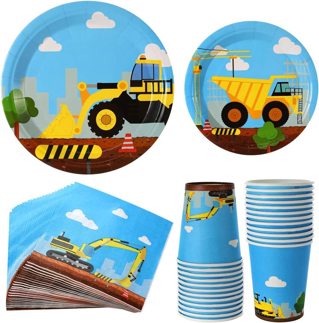 Construction Birthday Party Supplies Set 97 Pieces For Kids- Serves 24 Guest-Digger Truck Bulldozer Party Tableware Kit - Including Dump Truck Plates, Cups, Napkins