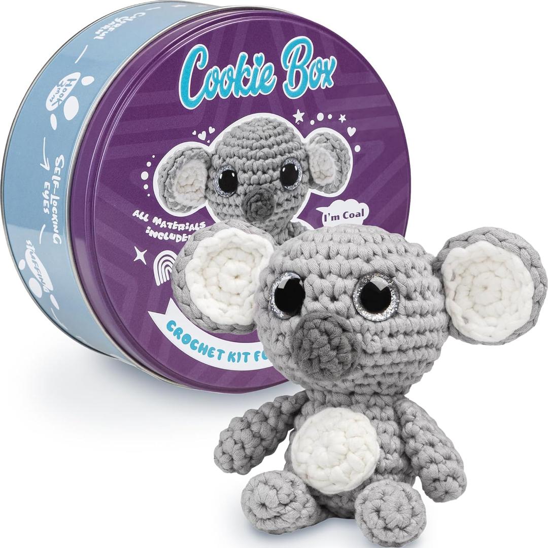 Cookie Box Original Crochet Kit for Beginners Gift Set to Make Koala Coal Amigurumi Plushie Easy DIY Crochet & Knitting Starter Kit with Video and PDF Tutorials