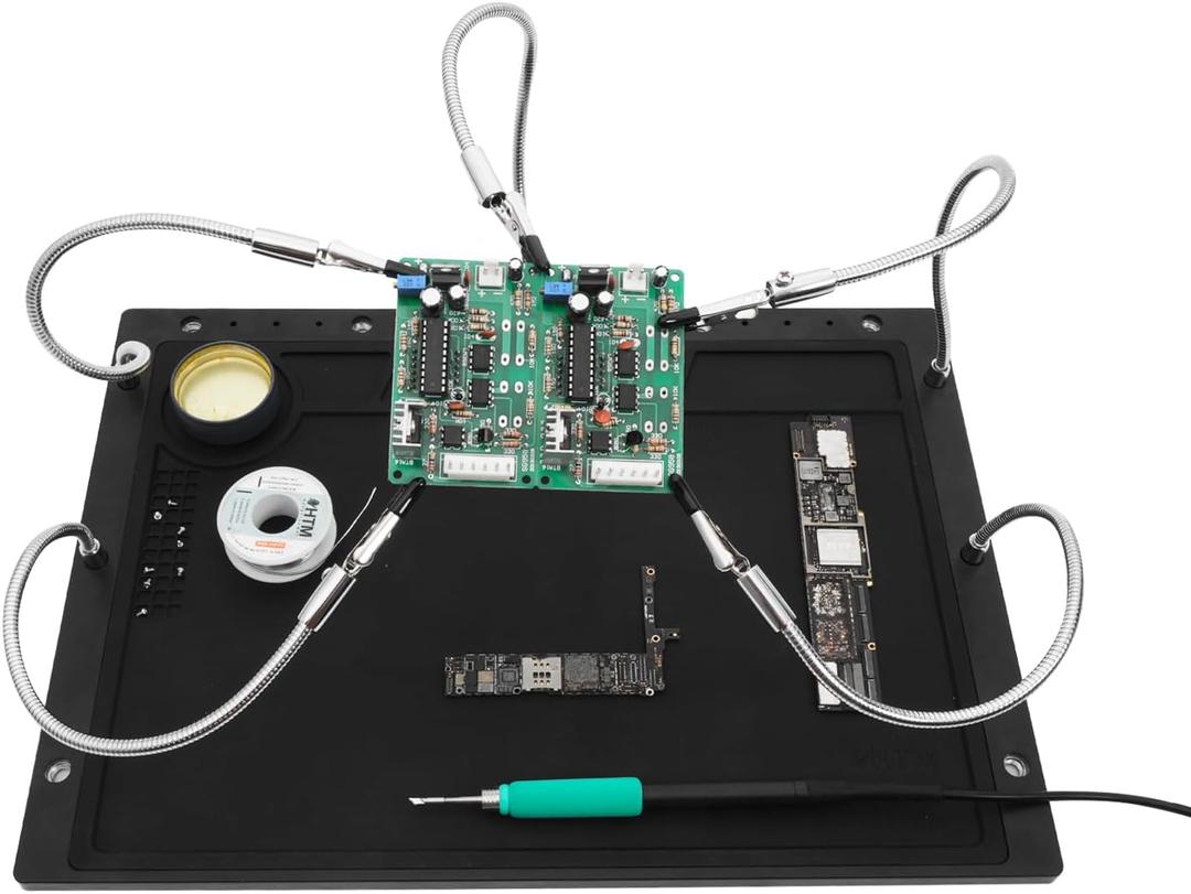 HengTianMei Helping Hands Soldering Station with Soldering Mat, 15.7 x 11.2 Inch Larger Base, 5 Flexible Arms Helping Hands Tool for Electronic Repair, Soldering, Jewelry, Crafts, PCB, DIY