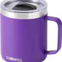 SUNWILL Insulated Coffee Mug with Lid, Travel Tumbler with Handle, 14 oz Stainless Steel Cup for Camping, Office, Home, Powder Coated Purple (1 Count (Pack of 1))