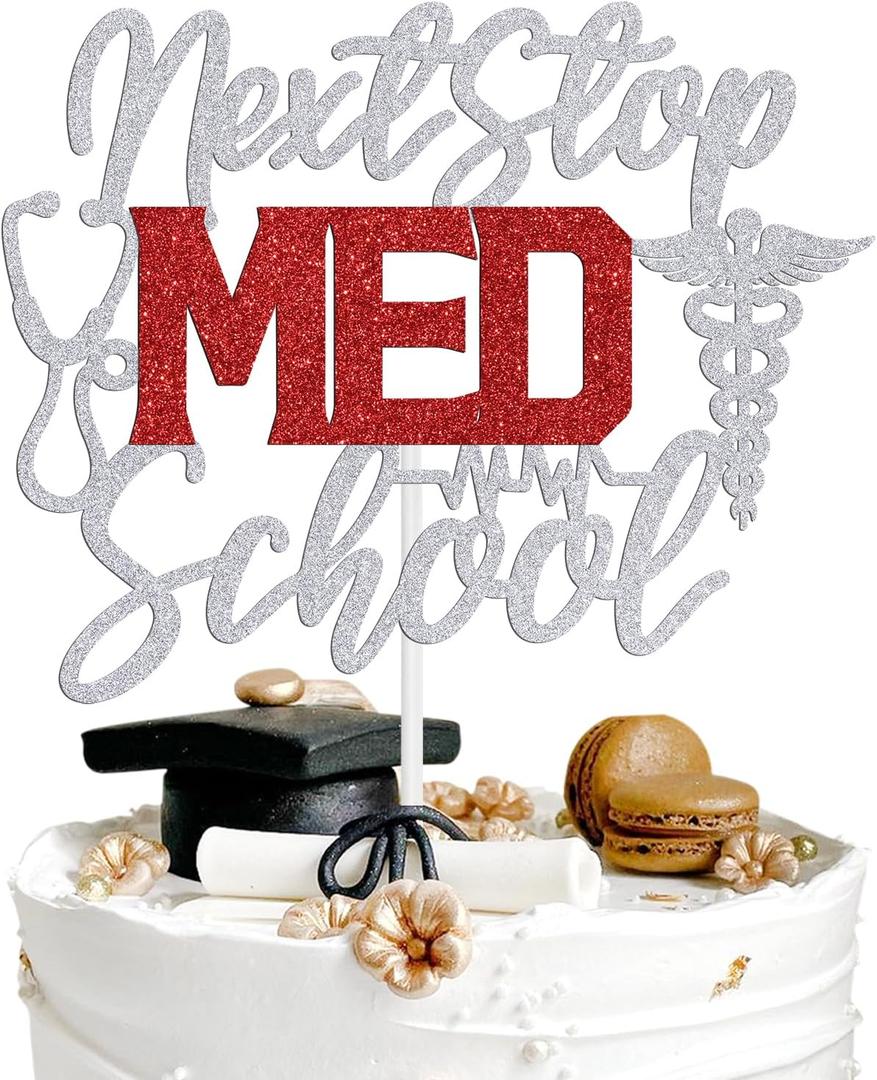 Next Stop Med School Cake Topper, Future Doctor Grad, Medical Degree College Student, High School Graduation Party Decoration Supplies, Silver and Red Glitter