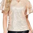 Women Sparkle Sequin Tops Glitter V Neck Elegant Blouse Tiered Ruffles Sleeve Cocktail Soiree Evening Party Disco Club Concert Shirt Champagne XXL (Beige, XXL)