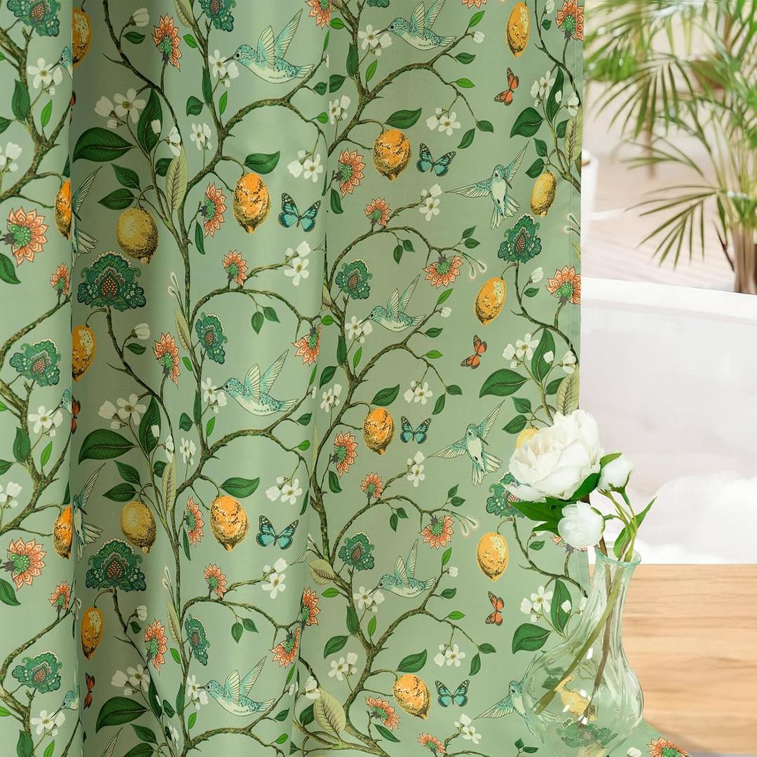 Green Floral Bird Shower Curtain, Hummingbird Jungle Botanical Shower Curtains 72x72, Victorian Vintage Farmhouse Chic French Country Style