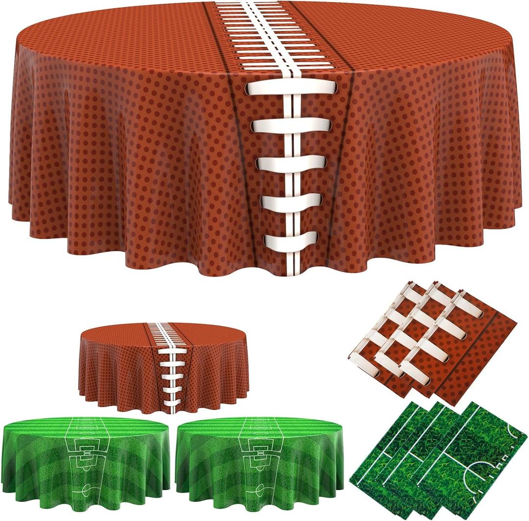 Oudain 6 Pcs Football Tablecloth Party Decorations Round Disposable Touchdown 84 Inch Football Plastic Table Cover for Football Themed Party Supplies for Birthday Games Day Party Decorations