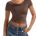 SUUKSESS Women Off The Shoulder Short Sleeve Tops Trendy Cowl Neck Going Out Basic T Shirt (Brown, S)