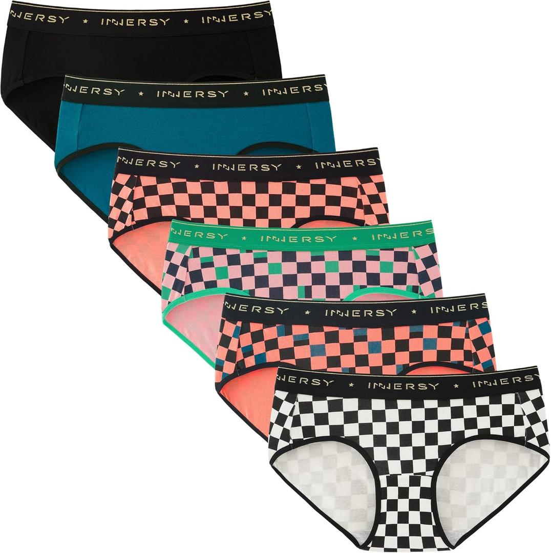 INNERSY Womens Underwear Cotton Hipster Panties Mid Rise Briefs Wide Waistband 6 Pack (Medium, Fancy Checkers)
