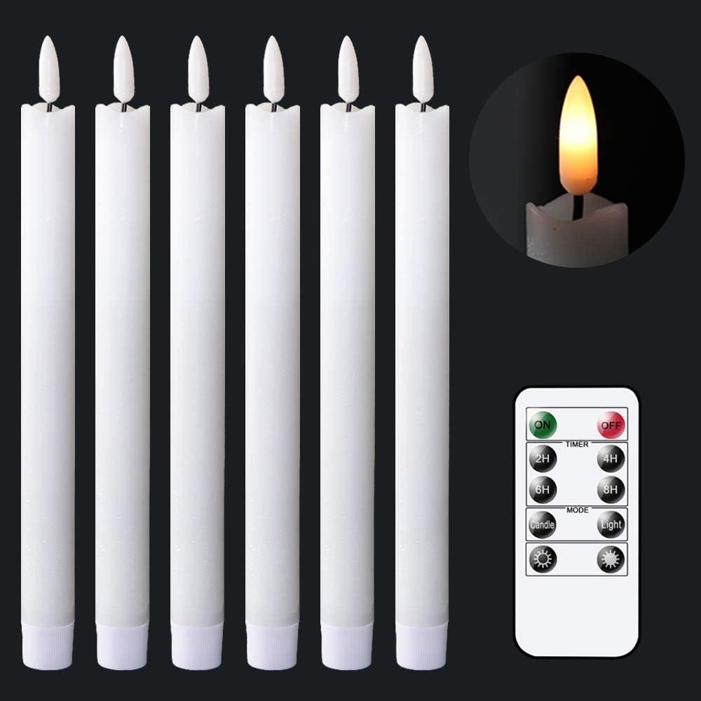 GenSwin Flameless White Taper Candles Flickering with 10-Key Remote, Battery Operated Led Warm 3D Wick Light Window Candles Real Wax Pack of 6, Christmas Home Wedding Decor(0.78 X 9.64 Inch) (6-White)