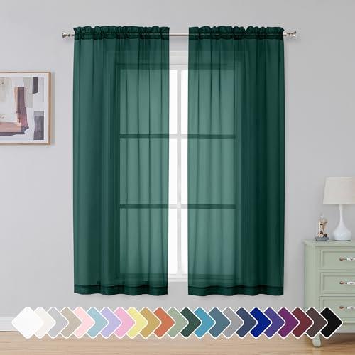 Simplebrand Hunter Green Sheer Curtains 63 Inch Length 2 Panels, Rod Pocket Solid Color Window Sheer Curtain Panels, Elegant Curtains & Drapes for Living Room, Bedroom (Hunter Green, 42" W x 63" L) 3ct