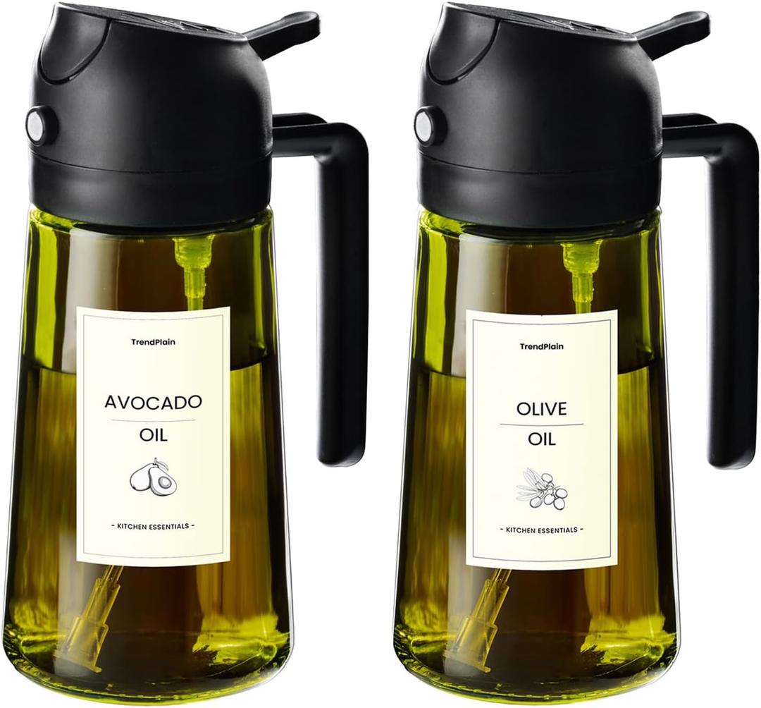 TrendPlain - Original 16oz/470ml Olive Oil Dispenser Bottle for Kitchen Gadgets and Air Fryer Accessories - Olive Oil Sprayer for Cooking w/Stickers - 2 Black