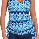 Halcurt Women's Two Piece Tankini Swimsuits Tummy Control Adjustable Drawstring Bathing Suit and Short with Pocket Blue Water Ripple L