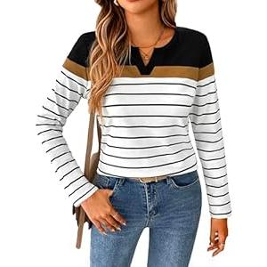 SOFIA'S CHOICE Women Striped Long Sleeve T Shirt V Neck Basic Casual Cute Shirts Multicoloured 3X-Large