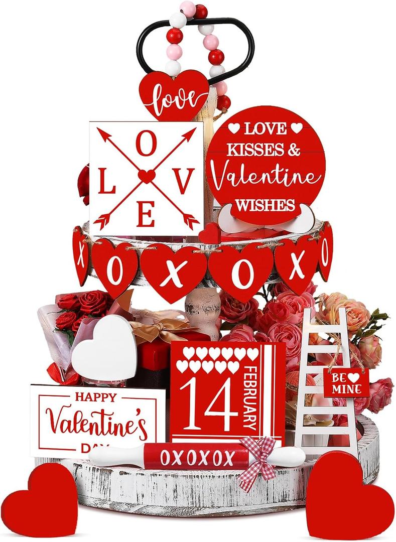 Spiareal 15 Pcs Valentine's Day Tiered Tray Decor Set Red Heart Love Wooden Signs Rustic Farmhouse Tray Signs Valentine Day Table Decorations for Romantic XOXO Home Kitchen Shelf Decor(Red, White)