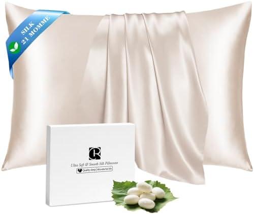 Ravmix Silk Pillow Cases with Zipper, 21momme Mulberry Silk Pillowcase for Hair Skin Health, Soft Smooth Breathable Cool Pillow Cover for Beauty Sleep with Gift Box 1PC(King 20"x36", Beige)