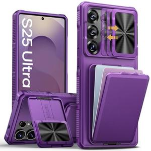 SSLOTSCASE for Samsung Galaxy S25 Ultra Case with Card Holder & Lens Cover & Hidden Kickstand, Silicone Edge Durable Protective Wallet Phone Case Cover for Galaxy S25 Ultra 6.9'', Dark Purple