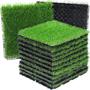 Artificial Grass Tiles Interlocking Turf Squares Deck 9 Pack 12"x12" Indoor Outdoor Faux Grass Rug with Drainage HolesFake Grass Tiles Selfdraining for Garden Lawn Landscape Balcony Decoration