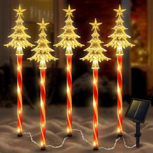 5 Pcs Acrylic Solar Pathway Stakes Lights Outdoor Waterproof, 8 Modes Christmas Decorations Outdoor Yard, Solar Christmas Garden Decor Lights (Xmas Tree Warm White)