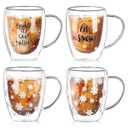 Layhit 4 Pcs Christmas Glass Coffee Mugs, 12 oz Glass Double with Handle Clear Holiday Styles Cups Iced Coffee Mugs Christmas Gift for Hot Chocolate Milk Beverages(Snow)
