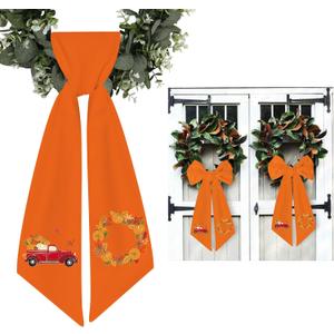 2PCS Fall Wreath Sash for Front Door - Autumn Wreath Satin Sash Embroidery Monogram Pumpkin Maple Leaf Harvest Decorative Door Hanger Garland Yard for Thanksgiving Gifts, DIY Sash Decor(55 x 5 inches)