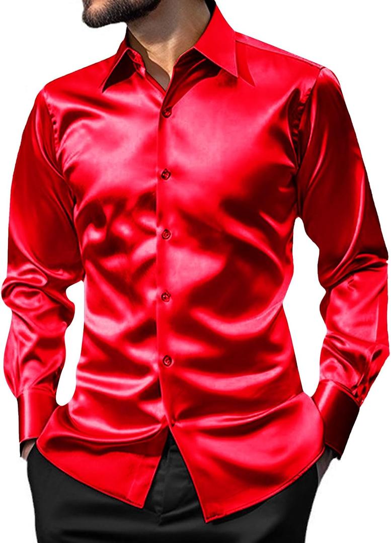 AOTORR Men's Luxury Shiny Silk Like Satin Button Up Dress Shirts Slim Fit Long Sleeve Nightclub Party Disco Prom Shirts XL