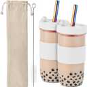 2 Pack Reusable Boba Cup,24Oz Wide Mouth Smoothie Cup,mason Jar Glass Cups with Lids and Straws,Bubble/Boba Tea Cups,Ice Coffee Tumbler 2 colored straws 1 sponge brush(White)