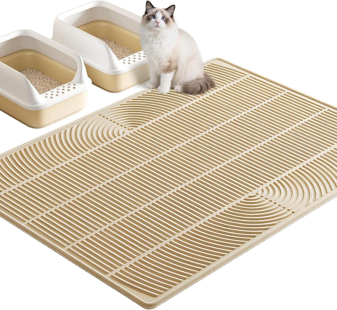 TRZZ XXL Extra Large Cat Litter Mat, Silicone Litter Box Mat for Floor, Waterproof & Non-Slip, Easy to Clean, Cat Litter Trapping Mat & Kitty Litter Catcher for Scatter Control (Khaki) 