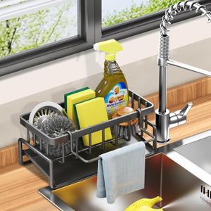 Sponge Holder for Kitchen Sink, Self-Drainage Kitchen Sink Caddy, Rustproof Steel Dish Sponge Organizer with Removable Dishcloth Rack, Soap Dispenser Brush Holder Storage for Bathroom, Black