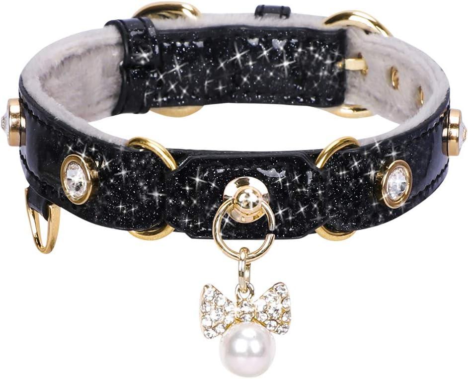 PetsHome Cat Collar, Dog Collar, [Bling Rhinestones] PU Leather Adjustable Pet Collar with Luxury Pendant for Big Cat and Small to Medium Dog Small Black (Small (Pack of 1))
