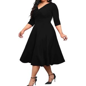 CLOCOR Women's Plus Size Midi Dress 3/4 Sleeve A-Line Swing Dress V Neck Flowy Casual Dresses, XL