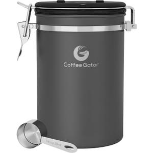 Coffee Gator Coffee Canister, 22oz Airtight Stainless Steel Kitchen Food Storage Container with Date-Tracker, CO2-Release Valve and Scoop for Beans, Grounds, Sugar, Cookies Jars, Tea, Cereal - Gray