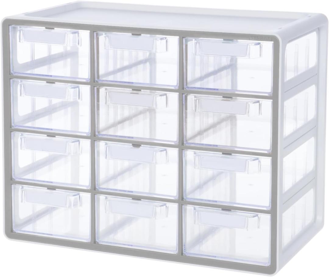 Blue Ginkgo Large 12-Drawer Cabinet Stackable Clear Organizer for Hardware, Beads, Plastic Bricks, Office, and Craft Storage (Made in Korea, Gray)