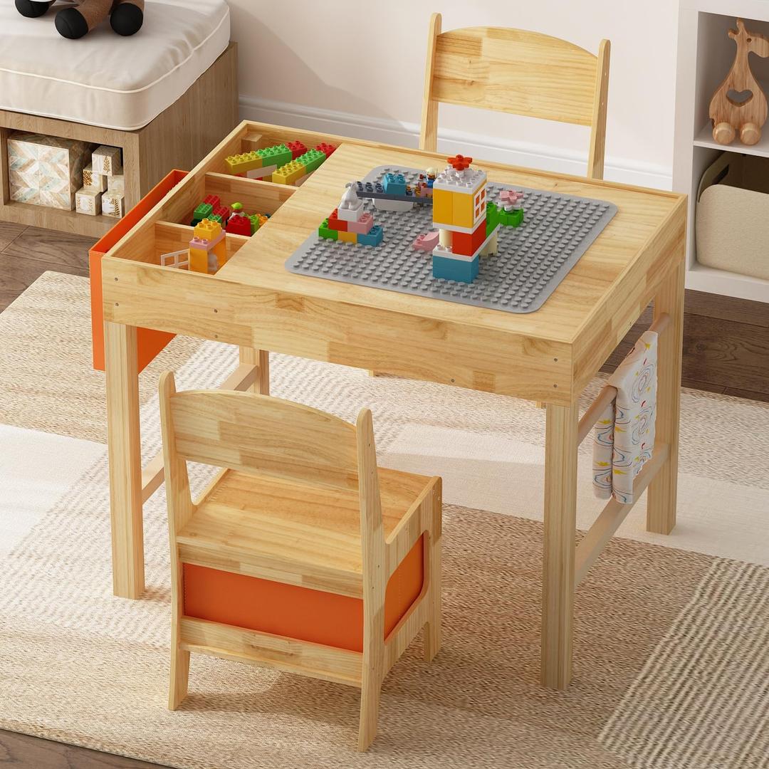 Solid Wood Kids Table and Chair Set with Removable Tabletop, Toddler Construction Train Table with 2 Chairs & Storage Drawers, Activity Craft Play Desk for Drawing Reading in Nursery Playroom (Large)