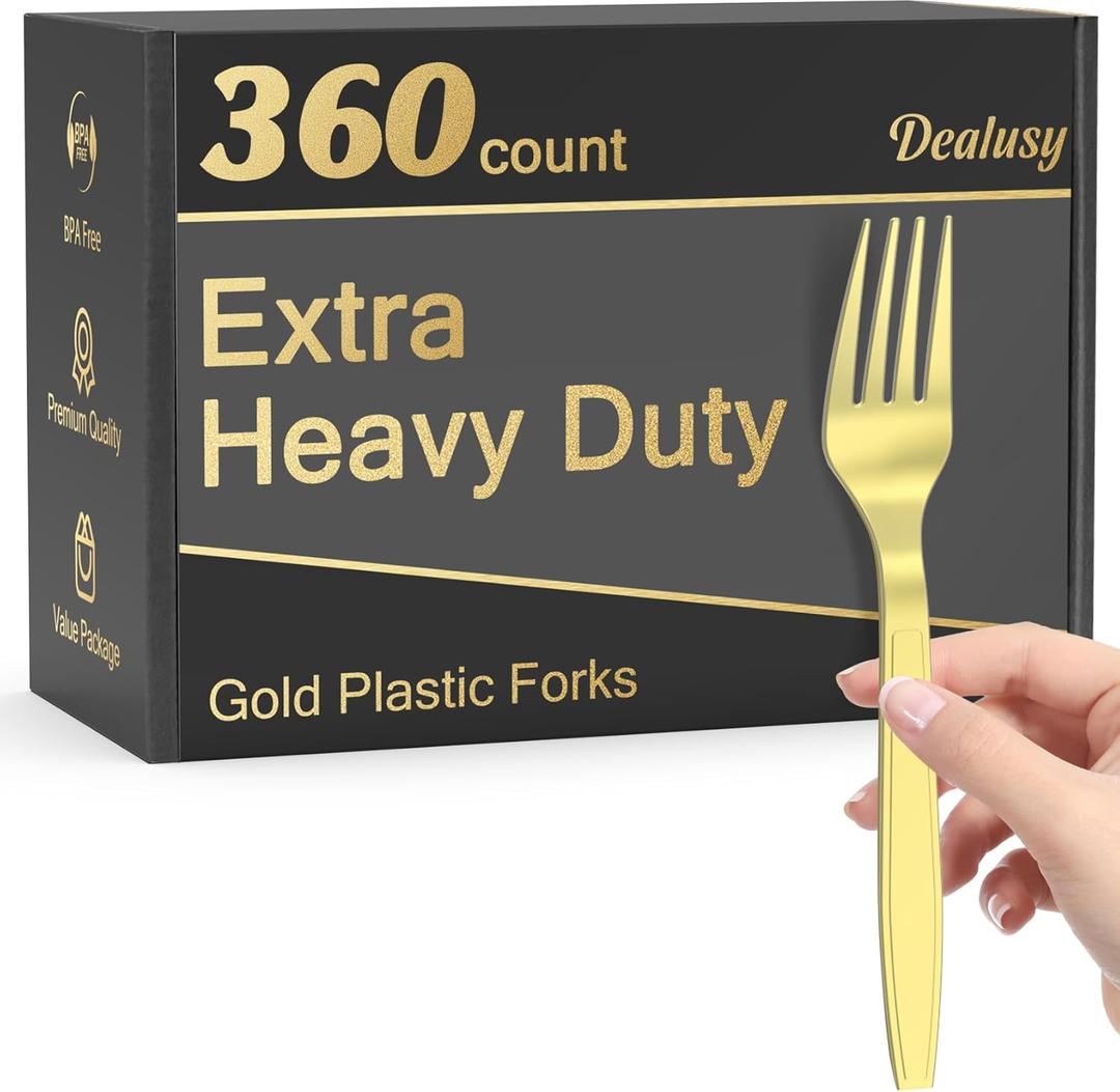 Dealusy 360 Count Extra Heavy Duty Gold Plastic Forks Disposable, BPA-Free, Heat Resistant, Solid and Durable Disposable Forks Bulk, Premium Plastic Forks heavy duty for Party Supply