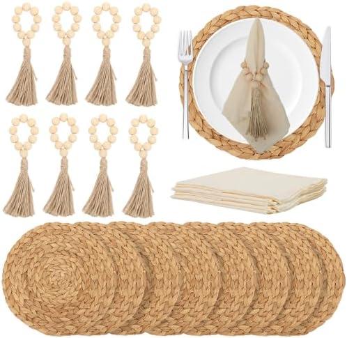 24 PCS Round Woven Placemats Set, 8 Boho Rattan Tablemats 13" Natural Water Hyacinth Farmhouse Place Mats with 8 Cotton Napkins, 8 Wooden Beads Napkin Ring for Kitchen Dining Table Decor