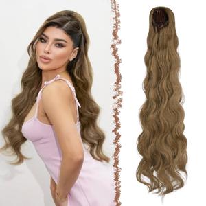 FESHFEN Long Drawstring Ponytail Extension, 30 Inch Wavy Curly Comb Clip in Ponytail Hair Extensions Synthetic Pony Tails Clip on Hairpieces for Women, Light Brown Mix Natural Blonde