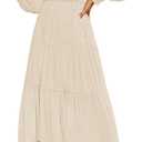 ZESICA Women's Casual Long Sleeve Crew Neck High Waist Smocked Flowy Tiered Midi Dress (Large, Beige)