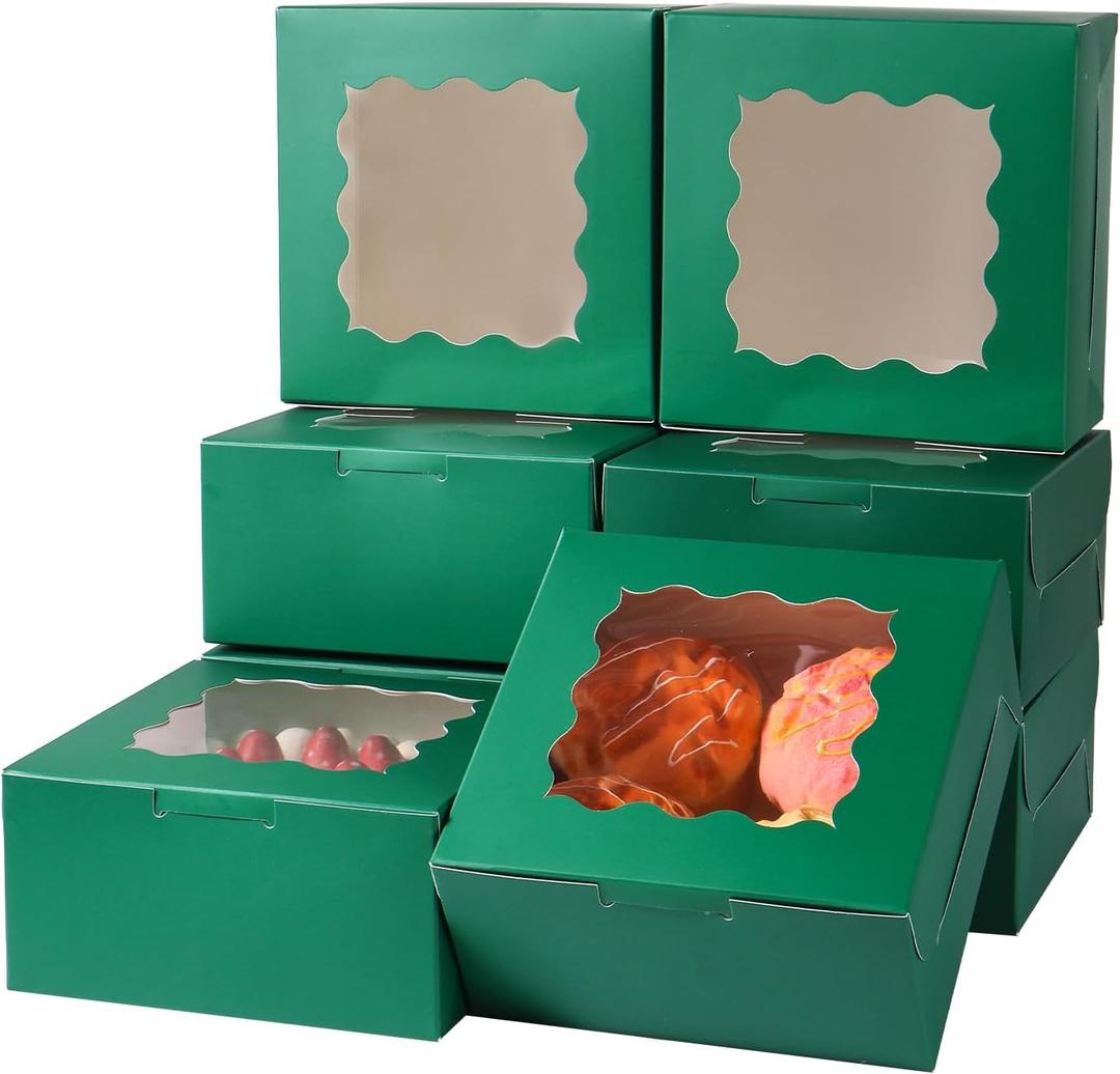 6"x6"x3" Small Cake Box with Window, Bakery Box, Pastry Boxes, Cookie Boxes, Mini Pie Box for Pastry,Dessert,Strawberries,Chocolates, Cupcakes with paper stickers (Green/36pcs) (Green/36pcs)