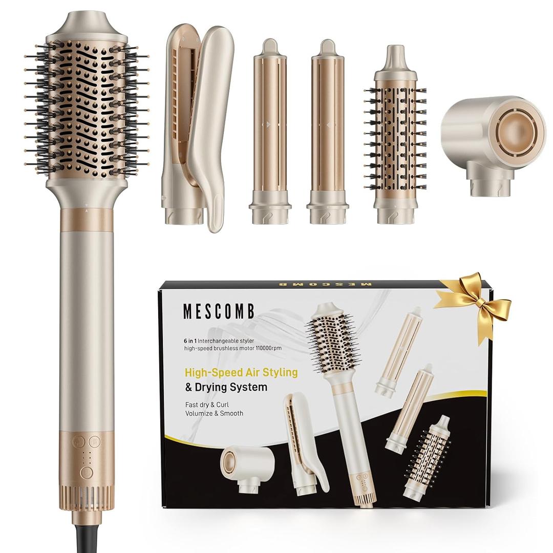 MESCOMB 6-in-1 Hot Air Styler  Hair Dryer & Air Styler with Straightener, Auto Curler, Volumizing Brushes, Frizz-Free Hair Styler for Straighting, Curling, Smoothing & Adding Volume, Not Damage (Champagne Coffee)