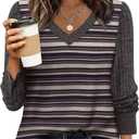 WIHOLL Sleeve Patchwork Shirts for Women Loose Fit V Neck Fall Outfits 2025 Trendy Sweaters Casual Tunic Tops (Small)