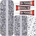b7000 Glue with 7500Pcs Silver Clear Rhinestones for Crafts Clothes Clothing Fabric, Shiny Flatback Crystals Gems for Crafting Shoes Shirt, Flat Back Diamonds Set Badazzle kit Jewels 2-5mm 4 Sizes Mix (Small Pack + 3pcs Glue)