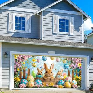 16X7FT Happy Easter Garage Door Decorations Funny Rabbit Easter Egg Door Cover Garage Door Banner for Outdoor Indoor Spring Cute Bunny Kids Party Photo Background Photography Backdrop (Multi1)