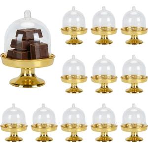 Tissting 12PCS Mini Cake Stand with Lid,Tiny Cake Dome with Clear Plastic For Chocolate, Cheese, Coconut Macaroons, Rum Balls, Candies,Golden Bottom Dessert Tray (plastic 4)